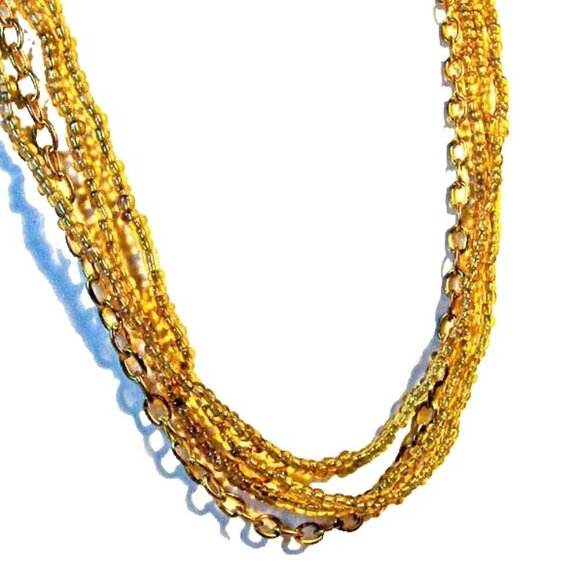 Vintage Gold Tone Multi Strand Necklace Glass Seed Bead Chain Layered 20” - Picture 5 of 5